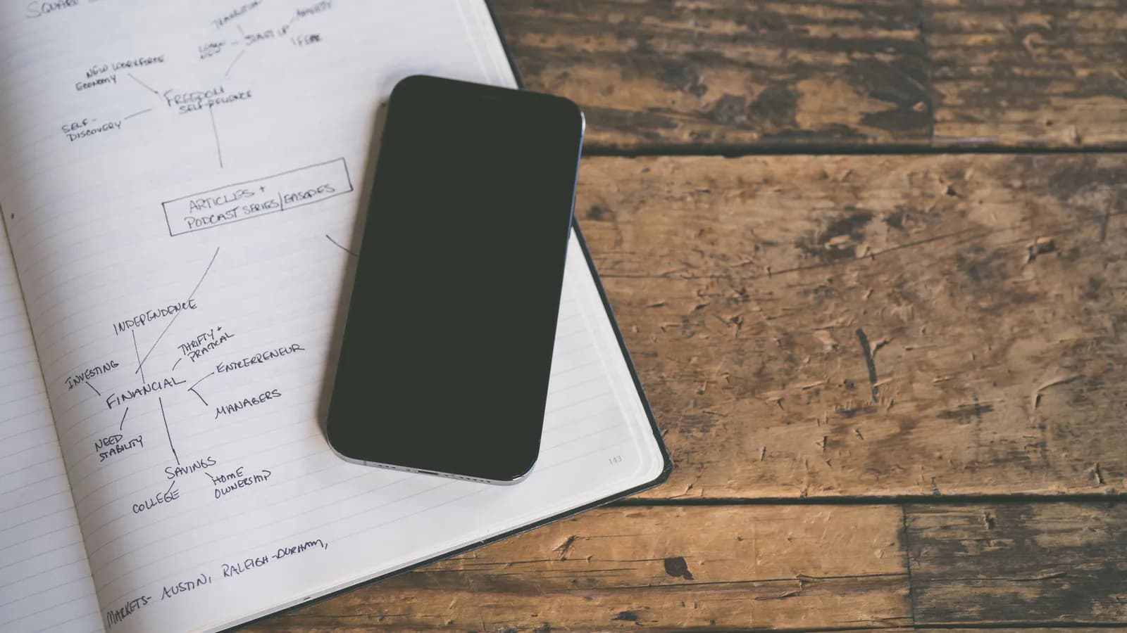 Masa üstündə telefonla sosial media planlama ekranı açıqdır, ətrafda əl ilə yazılmış qeydlər və yapışqan vərəqlər səpələnib — məzmun planlaması mənzərəsi.